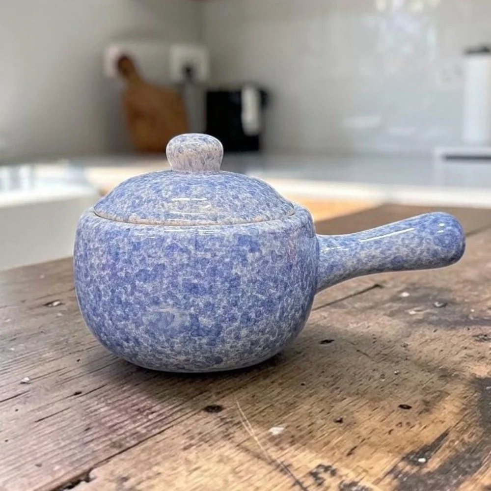 Stoneware Individual‎ Serving Soup Tureen, Blue Speckled Spongeware Crock Pot
